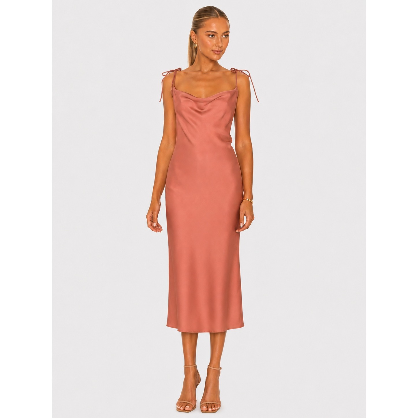 Babyboo Maxi Midi Dress Coral Pink Cowl Neck Tie Strap Formal Party Bridal S